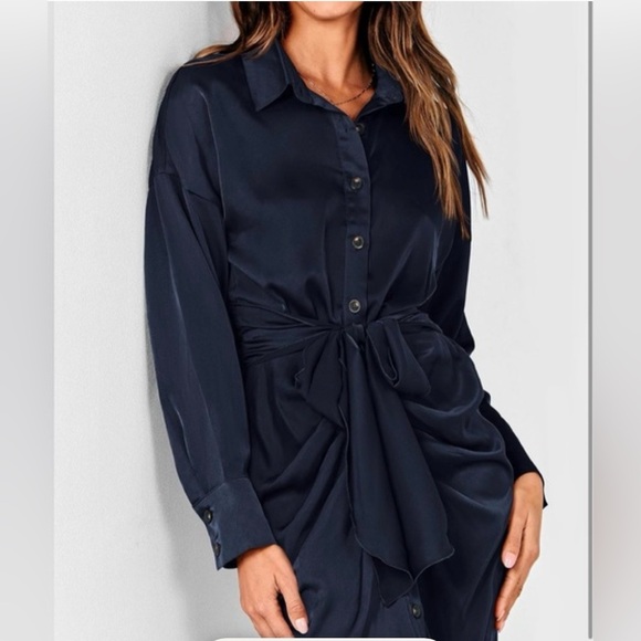Dresses & Skirts - Linsery NWOT Navy Blue‎ Belted Maxi Ruched Shirt Dress - Size M